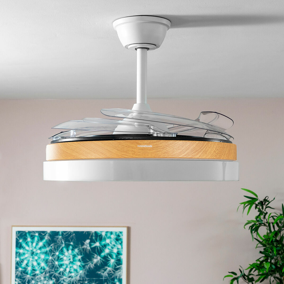 Ventilateur de Plafond avec Lumière LED et 4 Pales Rétractables Blalefan InnovaGoods Bois 72 W Ø49,5-104 cm